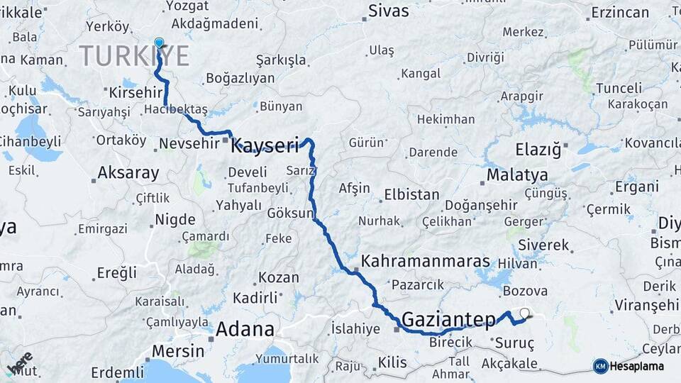 Yozgat Şefaatli Şanlıurfa Arası Kaç Km - Yol Haritası