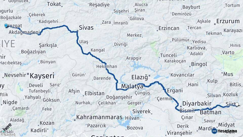 Yozgat Siirt Arası Kaç Km - Yol Haritası