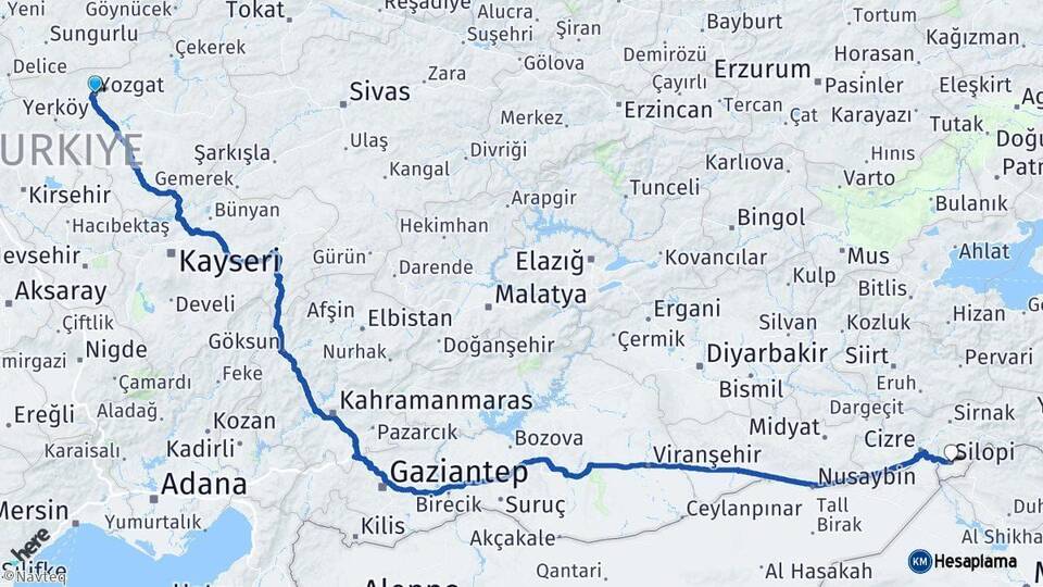 Yozgat Silopi Şırnak Arası Kaç Km - Yol Haritası