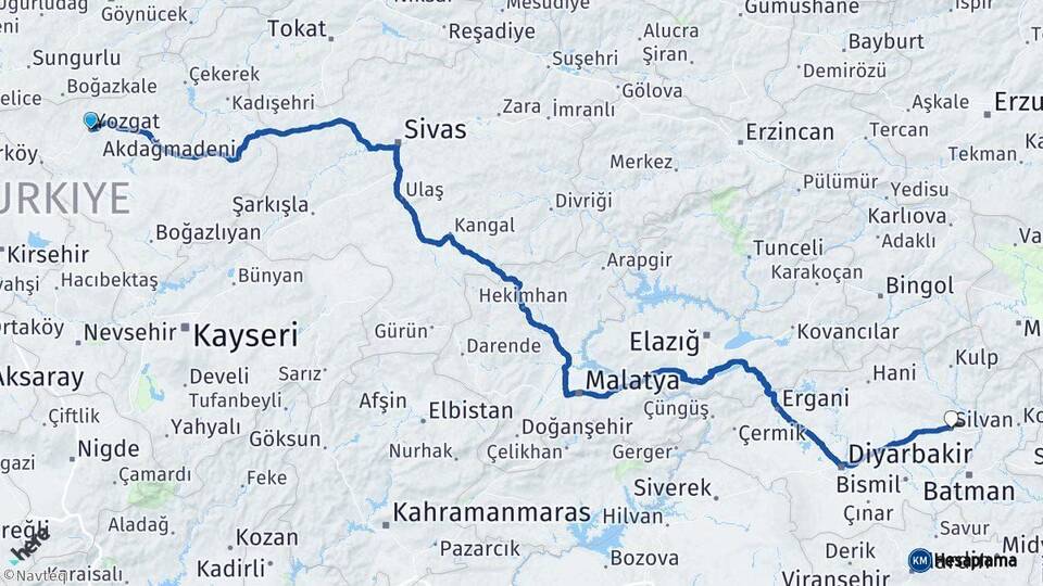 Yozgat Silvan Diyarbakır Arası Kaç Km - Yol Haritası