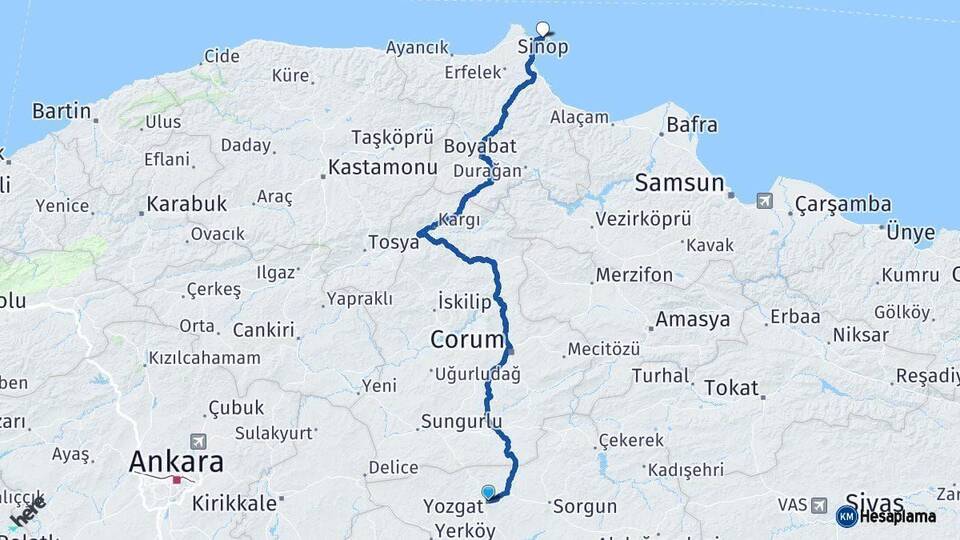 Yozgat Sinop Arası Kaç Km - Yol Haritası