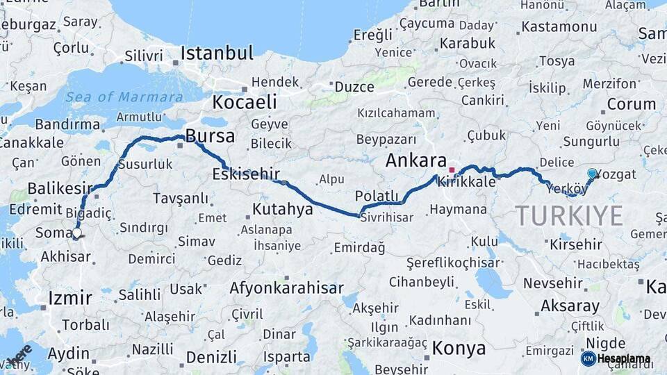 Yozgat Soma Manisa Arası Kaç Km - Yol Haritası