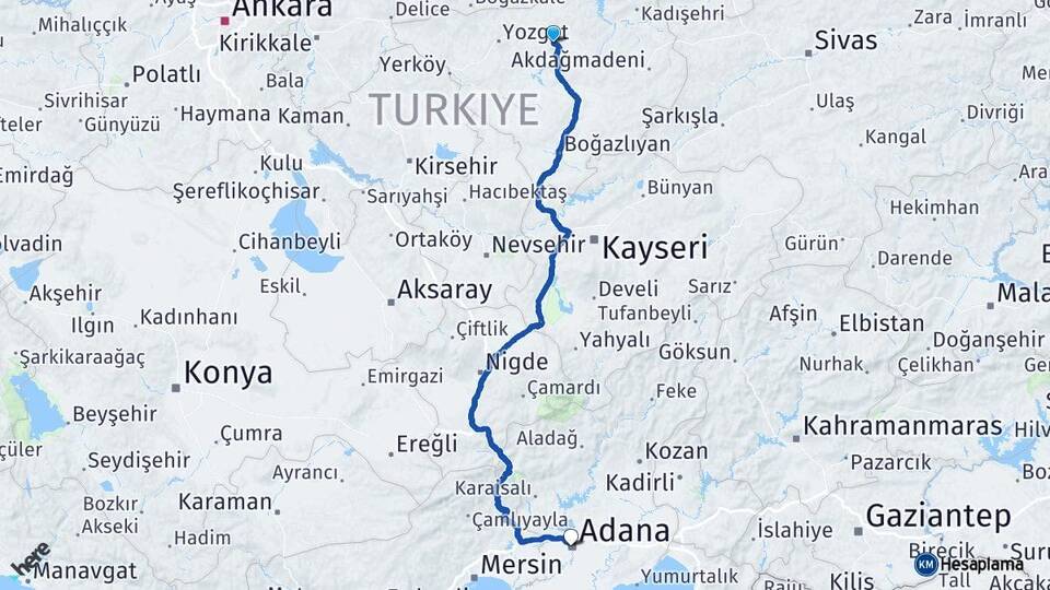 Yozgat Sorgun Adana Arası Kaç Km - Yol Haritası