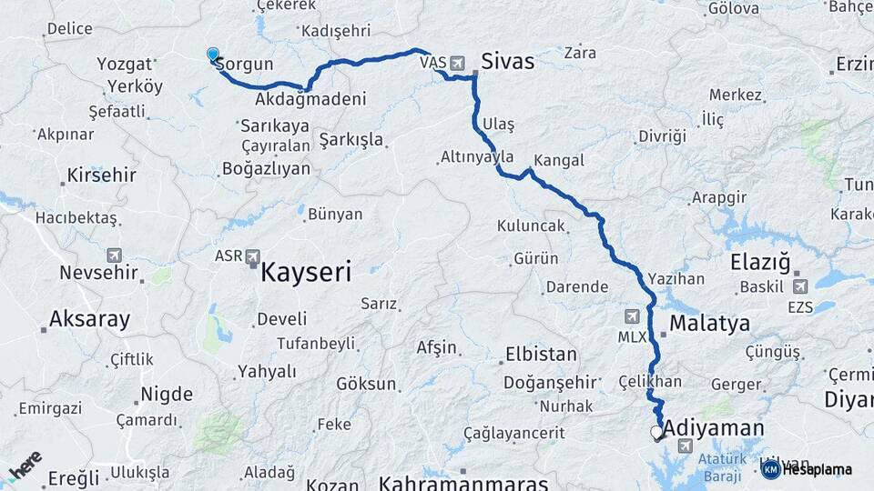 Yozgat Sorgun Adıyaman Arası Kaç Km - Yol Haritası