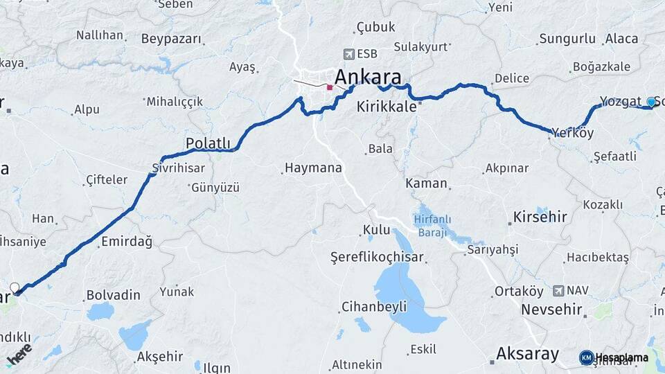 Yozgat Sorgun Afyonkarahisar Arası Kaç Km - Yol Haritası