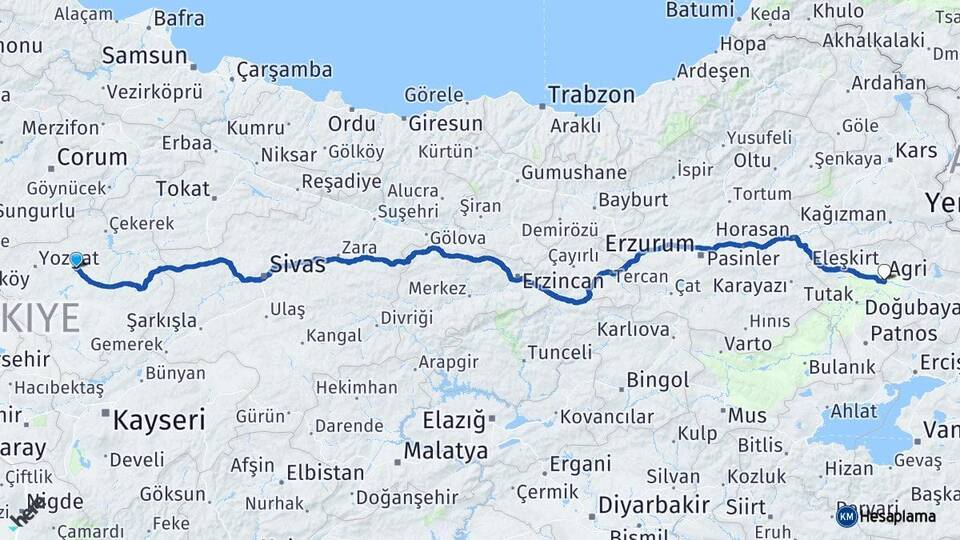Yozgat Sorgun Ağrı Arası Kaç Km - Yol Haritası