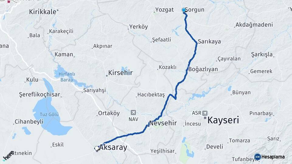 Yozgat Sorgun Aksaray Arası Kaç Km - Yol Haritası