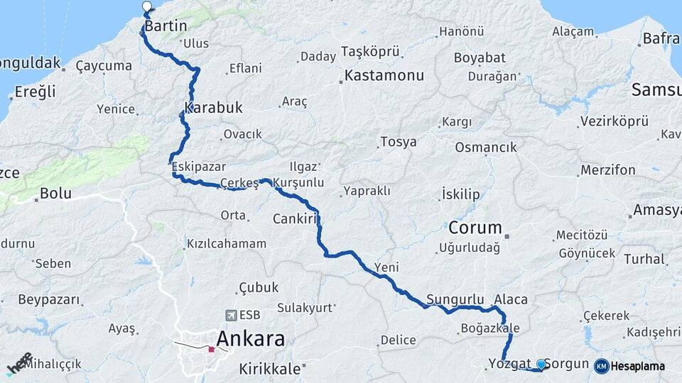 Yozgat Sorgun Amasra Bartın Arası Kaç Km - Yol Haritası
