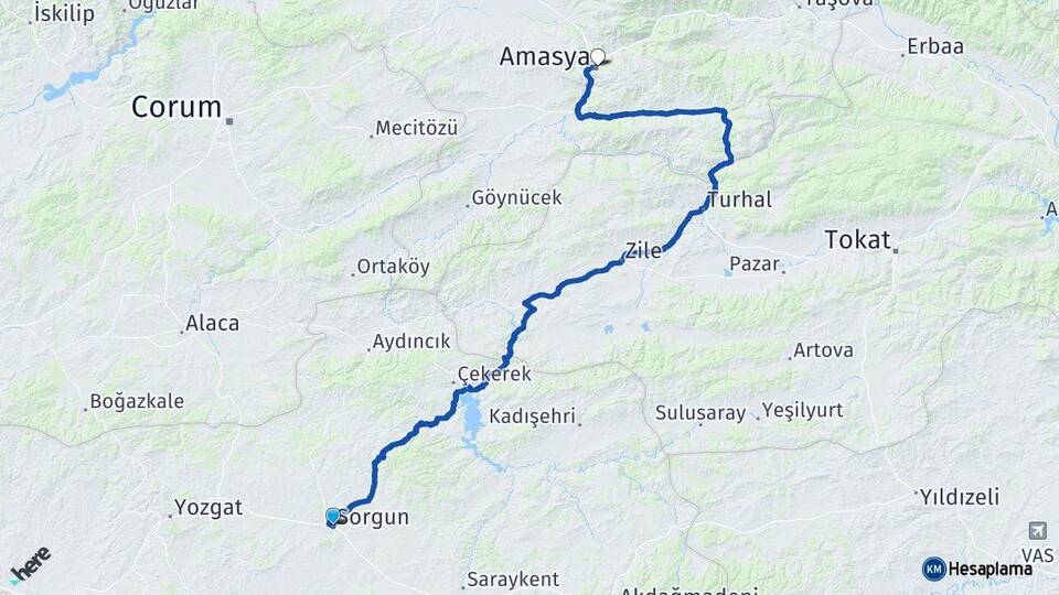 Yozgat Sorgun Amasya Arası Kaç Km - Yol Haritası