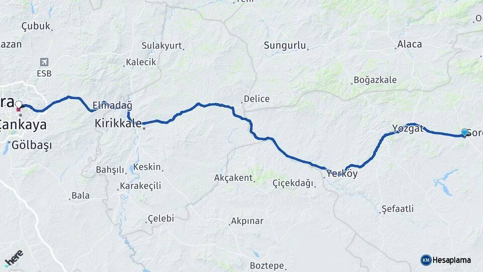 Yozgat Sorgun Ankara Arası Kaç Km - Yol Haritası
