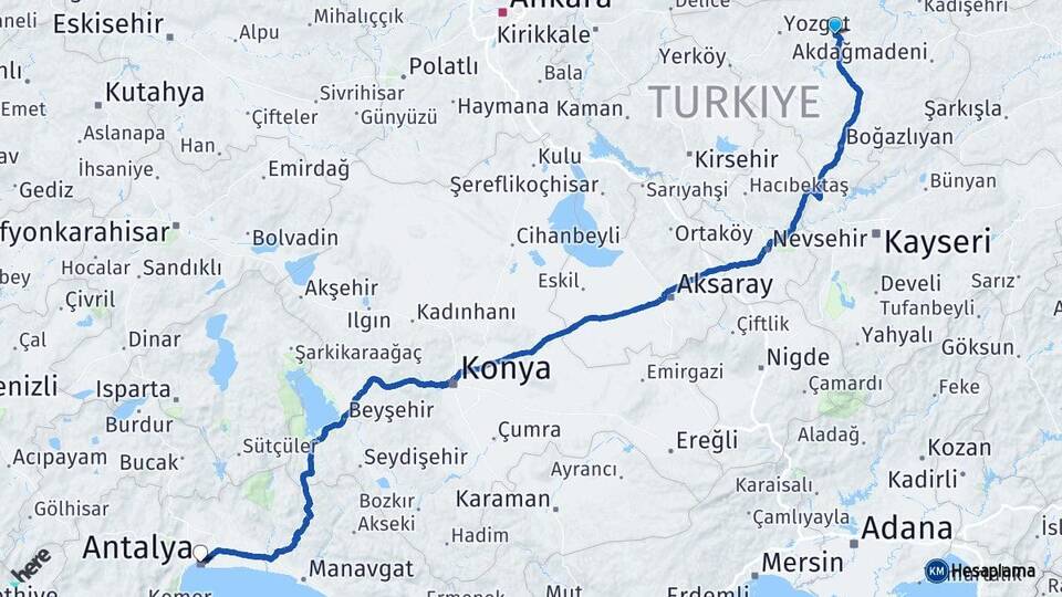 Yozgat Sorgun Antalya Arası Kaç Km - Yol Haritası