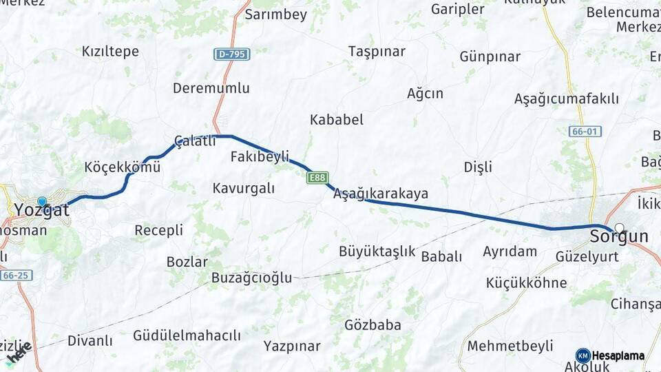 Yozgat Sorgun Arası Kaç Km - Yol Haritası