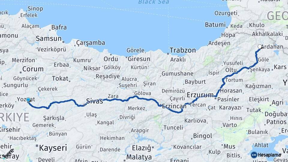 Yozgat Sorgun Ardahan Arası Kaç Km - Yol Haritası