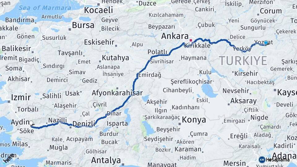 Yozgat Sorgun Aydın Arası Kaç Km - Yol Haritası
