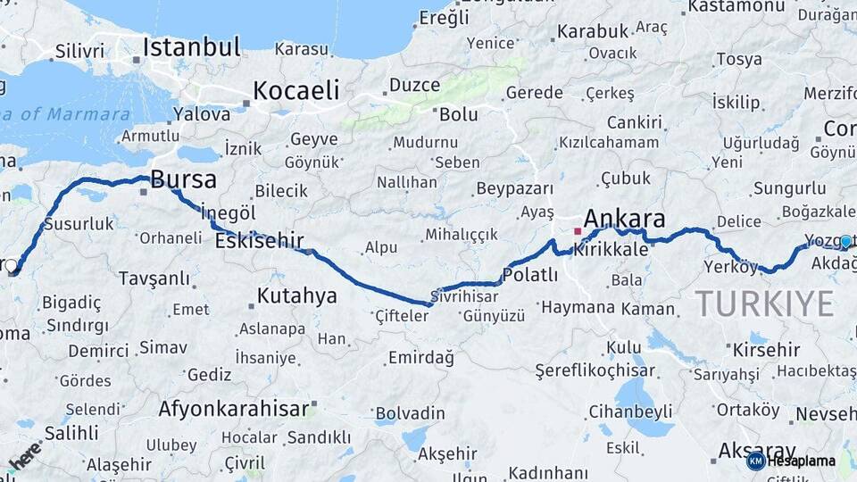Yozgat Sorgun Balıkesir Arası Kaç Km - Yol Haritası