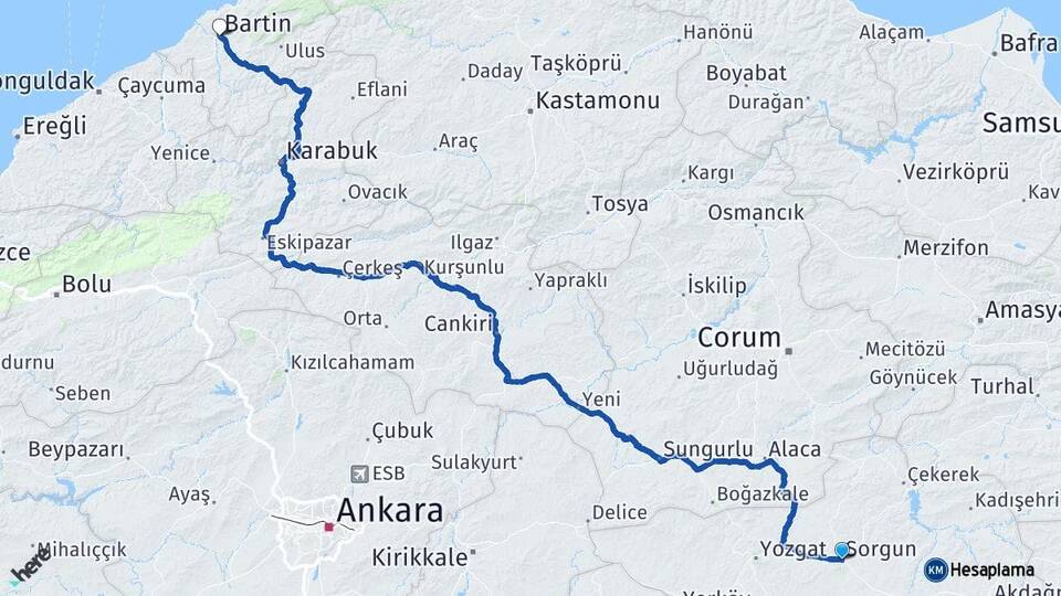 Yozgat Sorgun Bartın Arası Kaç Km - Yol Haritası