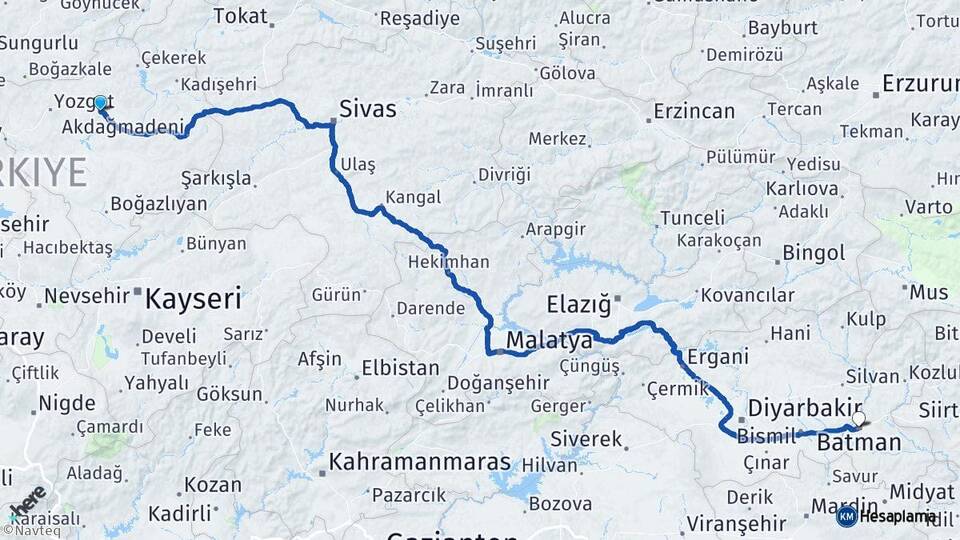 Yozgat Sorgun Batman Arası Kaç Km - Yol Haritası