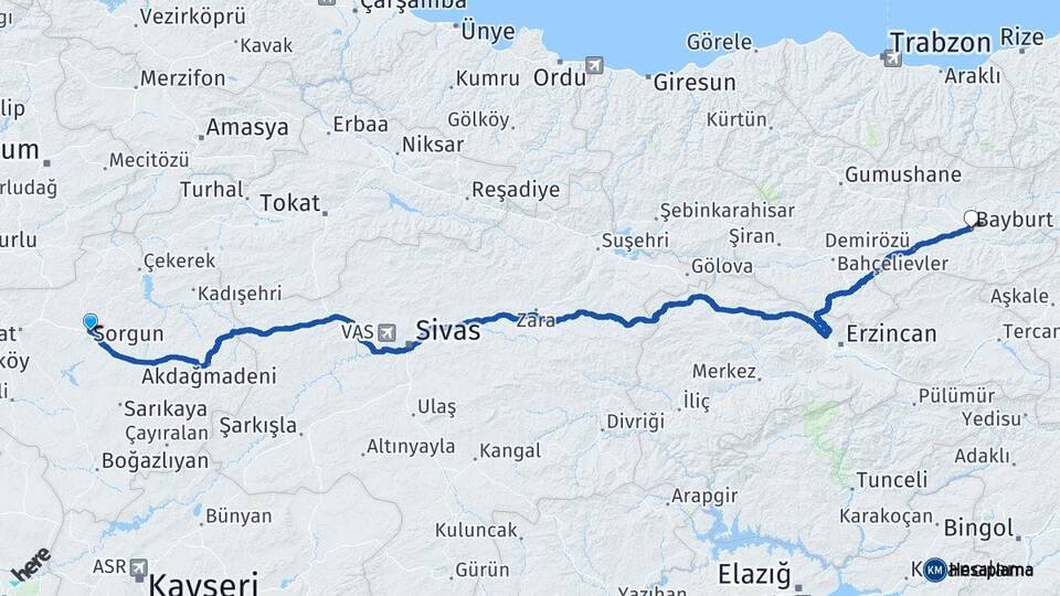Yozgat Sorgun Bayburt Arası Kaç Km - Yol Haritası