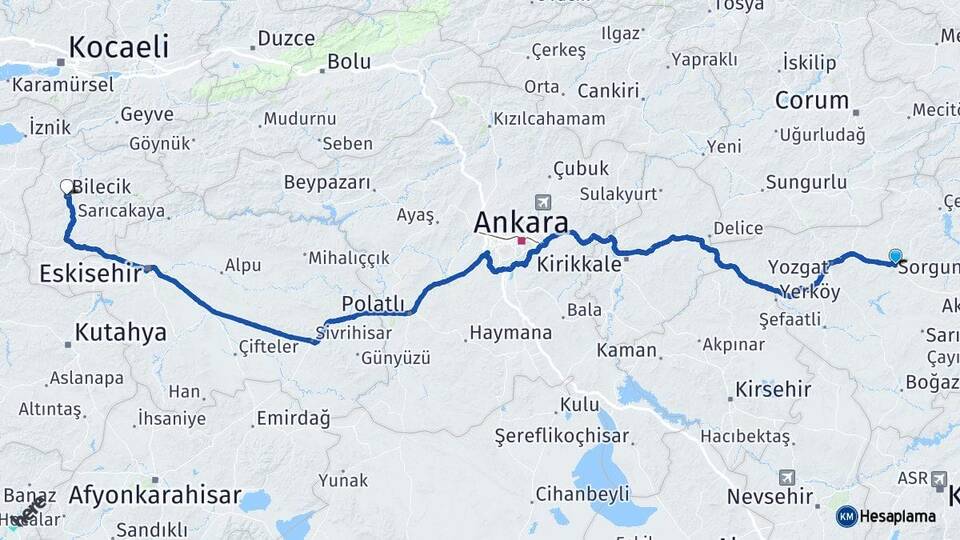 Yozgat Sorgun Bilecik Arası Kaç Km - Yol Haritası