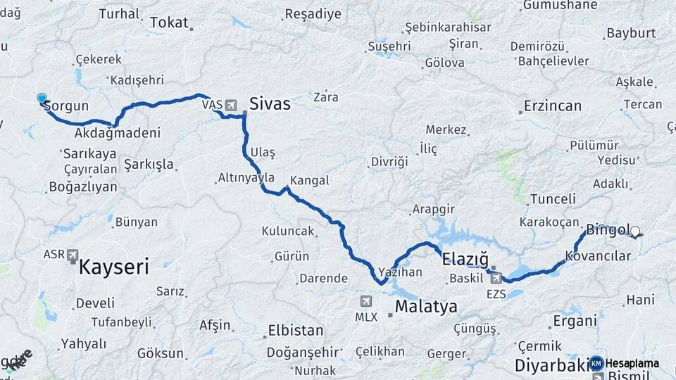 Yozgat Sorgun Bingöl Arası Kaç Km - Yol Haritası