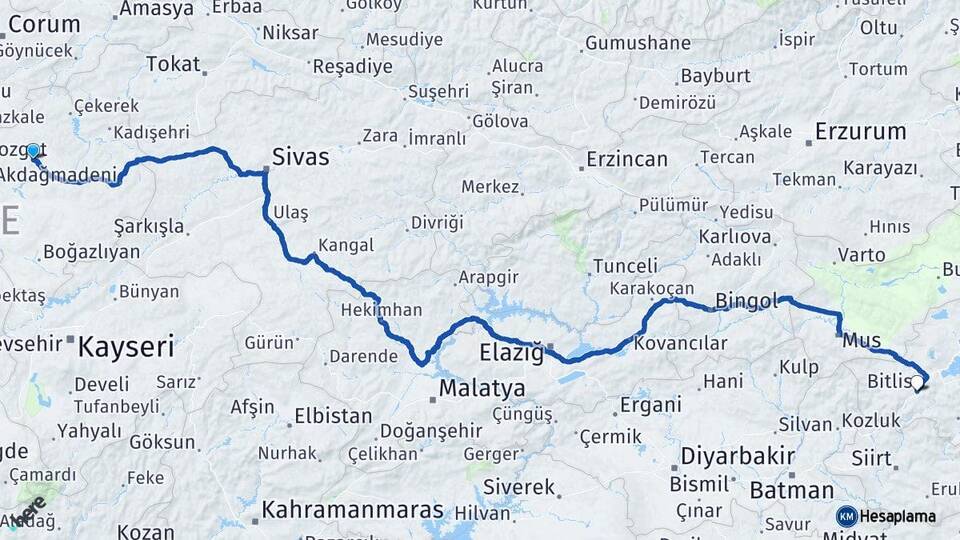 Yozgat Sorgun Bitlis Arası Kaç Km - Yol Haritası