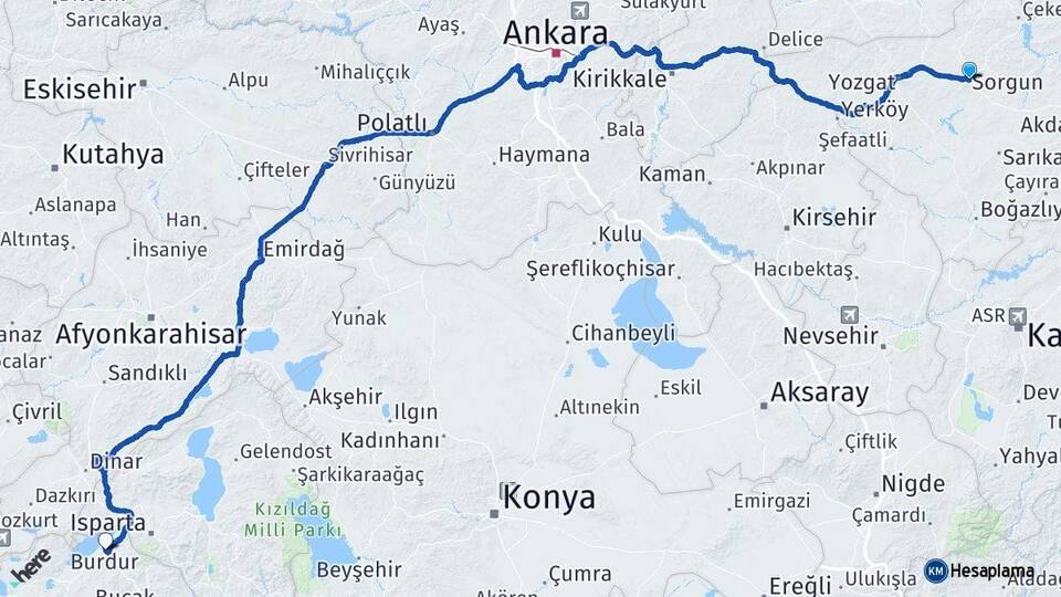 Yozgat Sorgun Burdur Arası Kaç Km - Yol Haritası