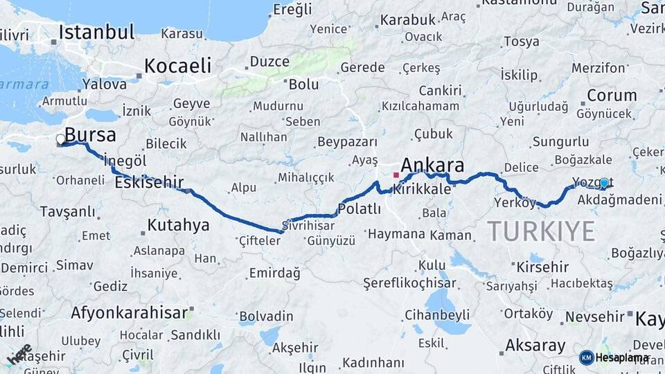Yozgat Sorgun Bursa Arası Kaç Km - Yol Haritası