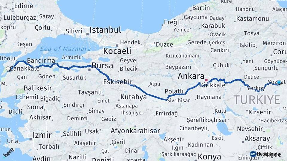 Yozgat Sorgun Çanakkale Arası Kaç Km - Yol Haritası