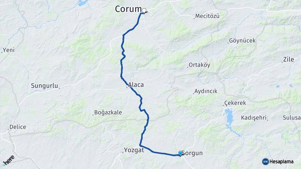 Yozgat Sorgun Çorum Arası Kaç Km - Yol Haritası