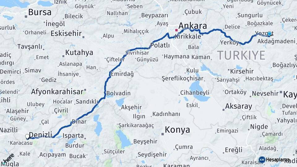 Yozgat Sorgun Denizli Arası Kaç Km - Yol Haritası