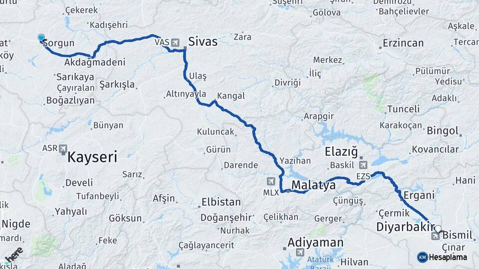 Yozgat Sorgun Diyarbakır Arası Kaç Km - Yol Haritası