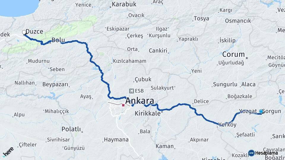 Yozgat Sorgun Düzce Arası Kaç Km - Yol Haritası