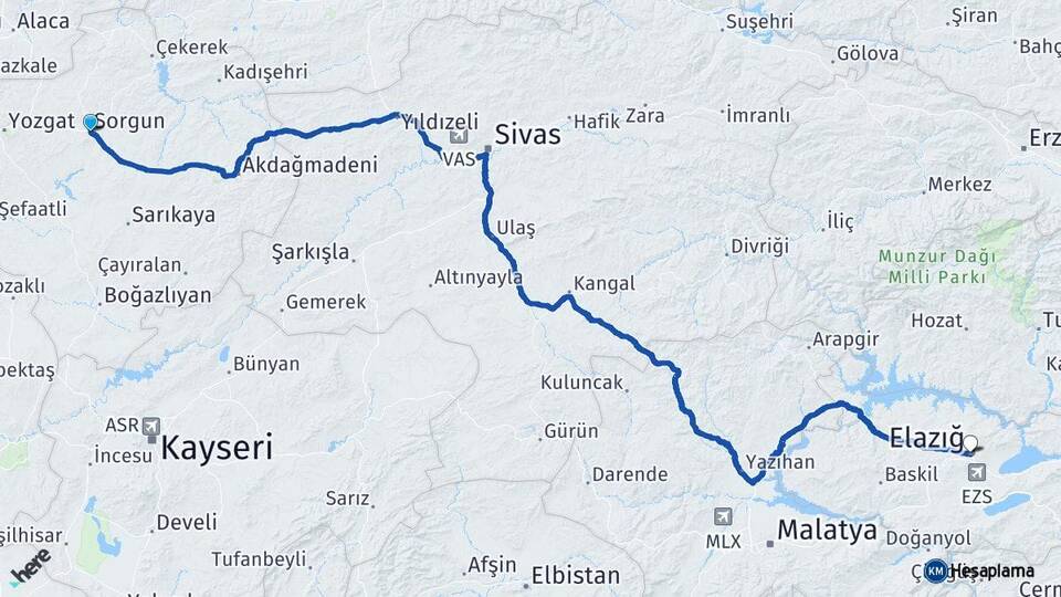 Yozgat Sorgun Elazığ Arası Kaç Km - Yol Haritası