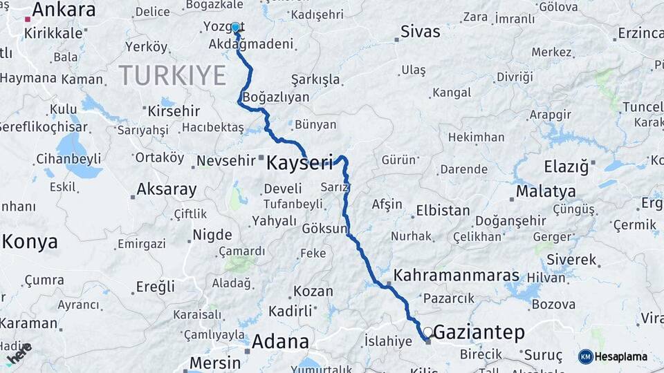Yozgat Sorgun Gaziantep Arası Kaç Km - Yol Haritası