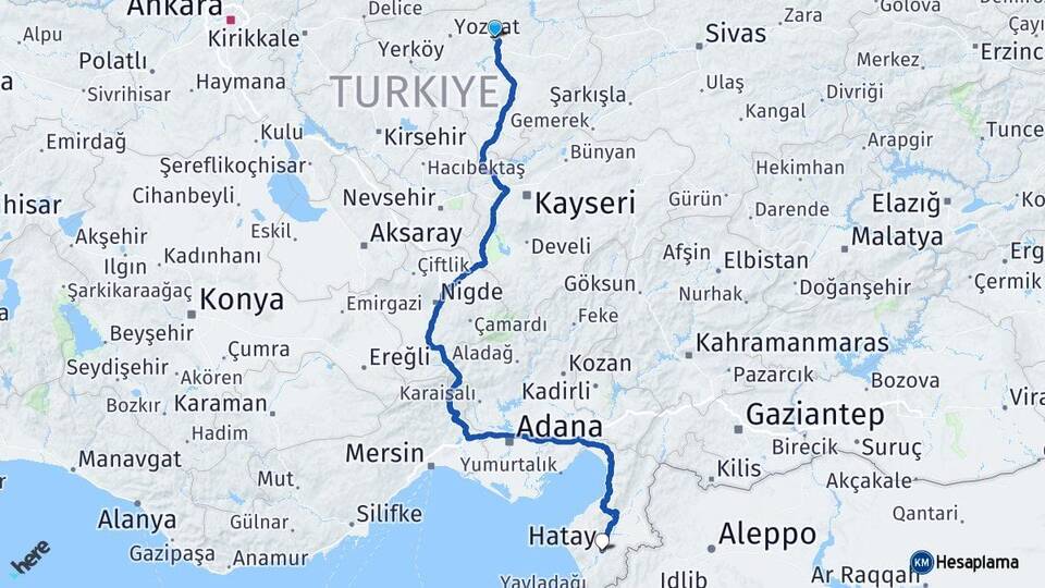 Yozgat Sorgun Hatay Arası Kaç Km - Yol Haritası