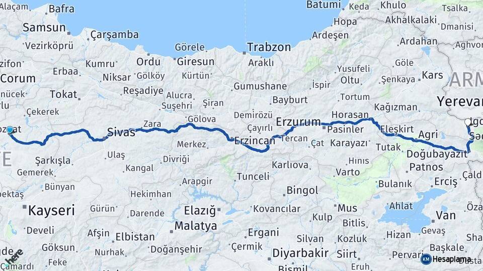 Yozgat Sorgun Iğdır Arası Kaç Km - Yol Haritası
