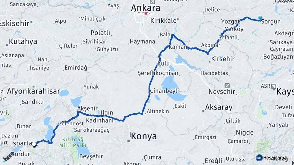 Yozgat Sorgun Isparta Arası Kaç Km - Yol Haritası
