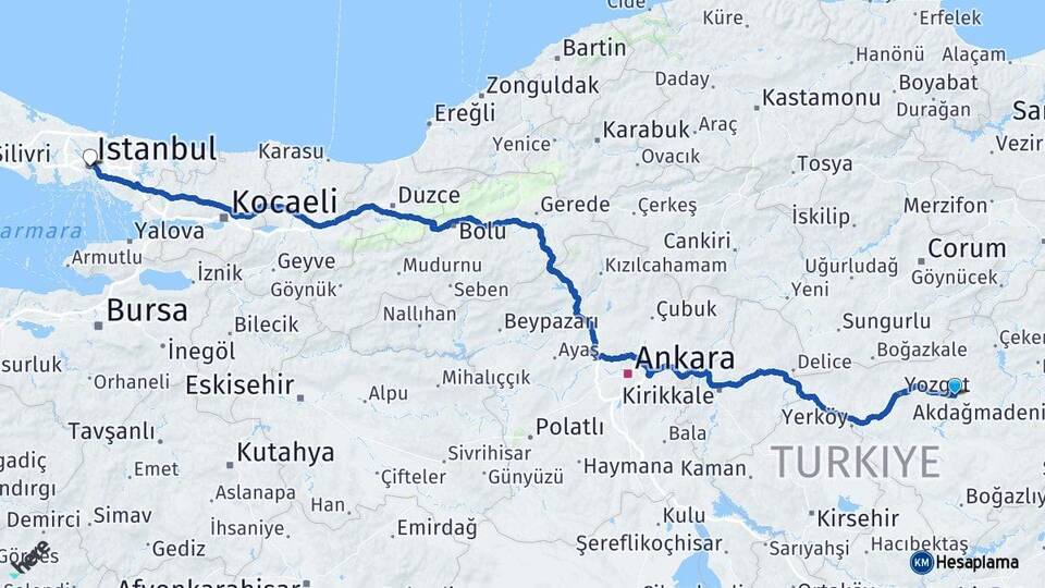 Yozgat Sorgun İstanbul Arası Kaç Km - Yol Haritası