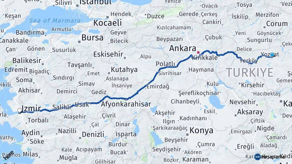 Yozgat Sorgun İzmir Arası Kaç Km - Yol Haritası