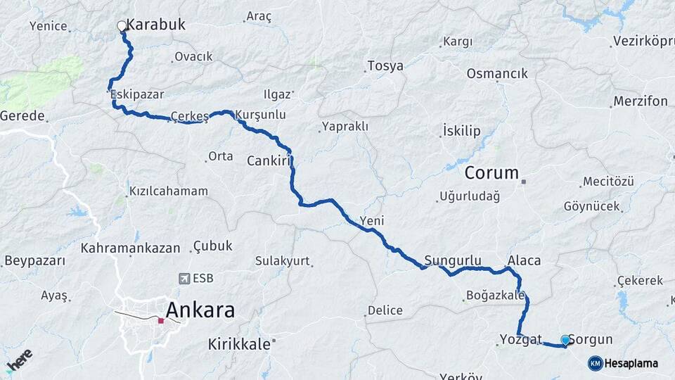 Yozgat Sorgun Karabük Arası Kaç Km - Yol Haritası