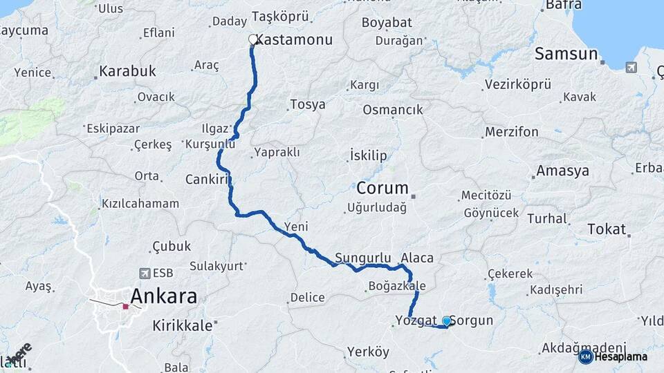 Yozgat Sorgun Kastamonu Arası Kaç Km - Yol Haritası