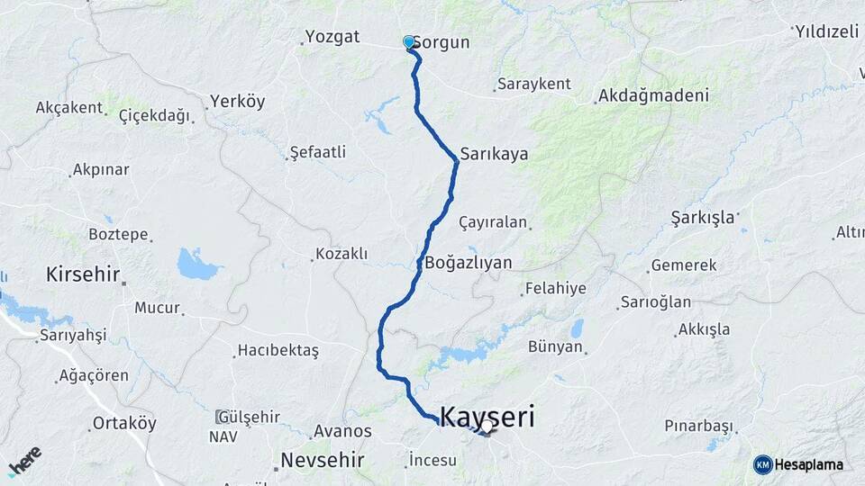 Yozgat Sorgun Kayseri Arası Kaç Km - Yol Haritası