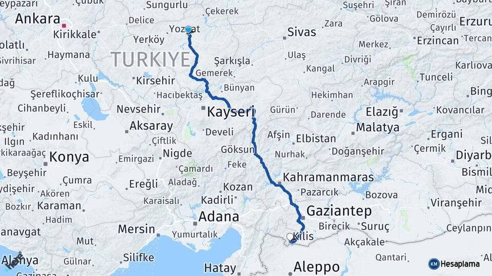Yozgat Sorgun Kilis Arası Kaç Km - Yol Haritası