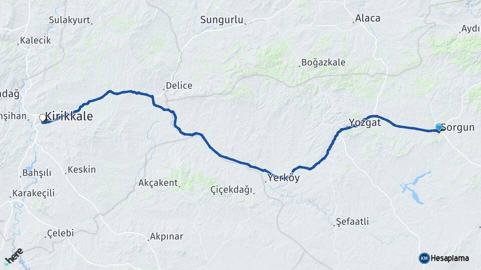 Yozgat Sorgun Kırıkkale Arası Kaç Km - Yol Haritası