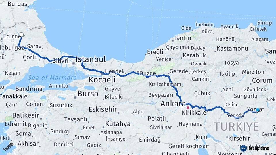 Yozgat Sorgun Kırklareli Arası Kaç Km - Yol Haritası