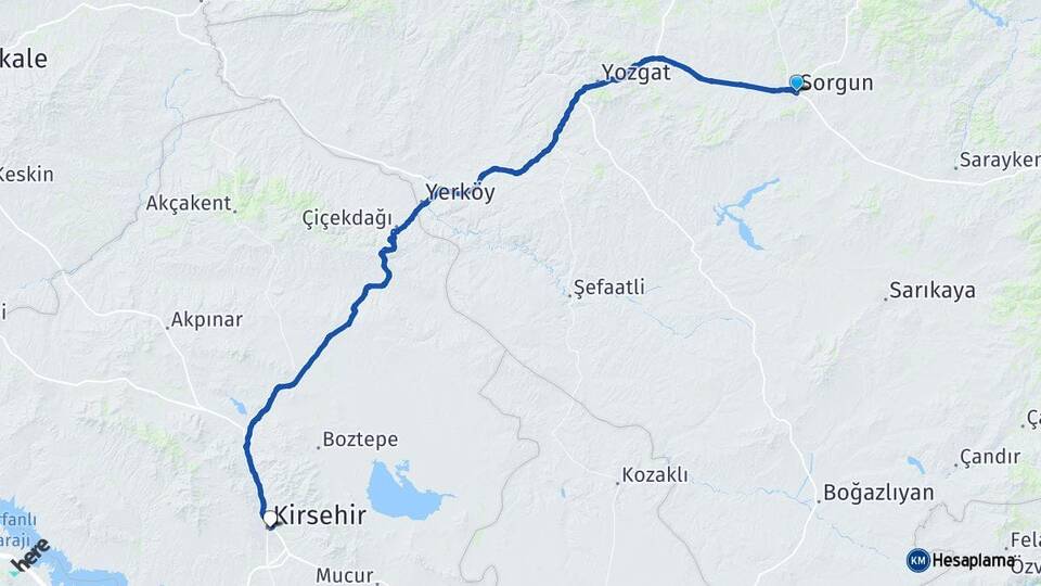 Yozgat Sorgun Kırşehir Arası Kaç Km - Yol Haritası
