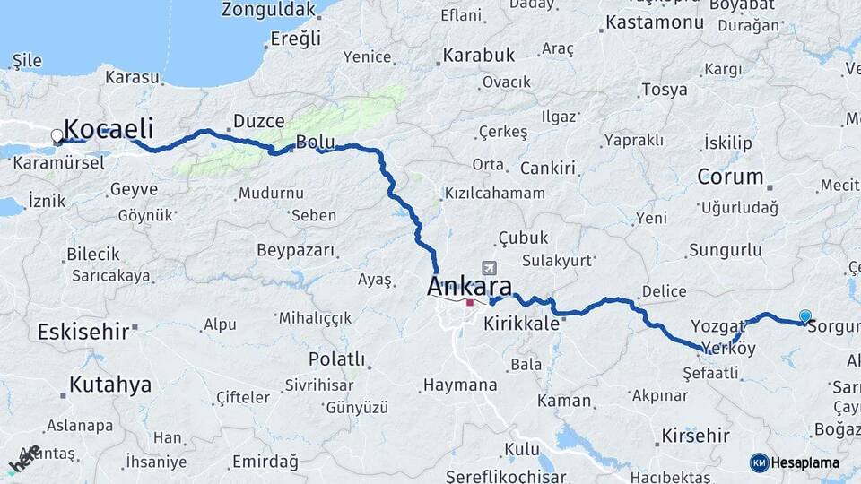 Yozgat Sorgun Kocaeli Arası Kaç Km - Yol Haritası