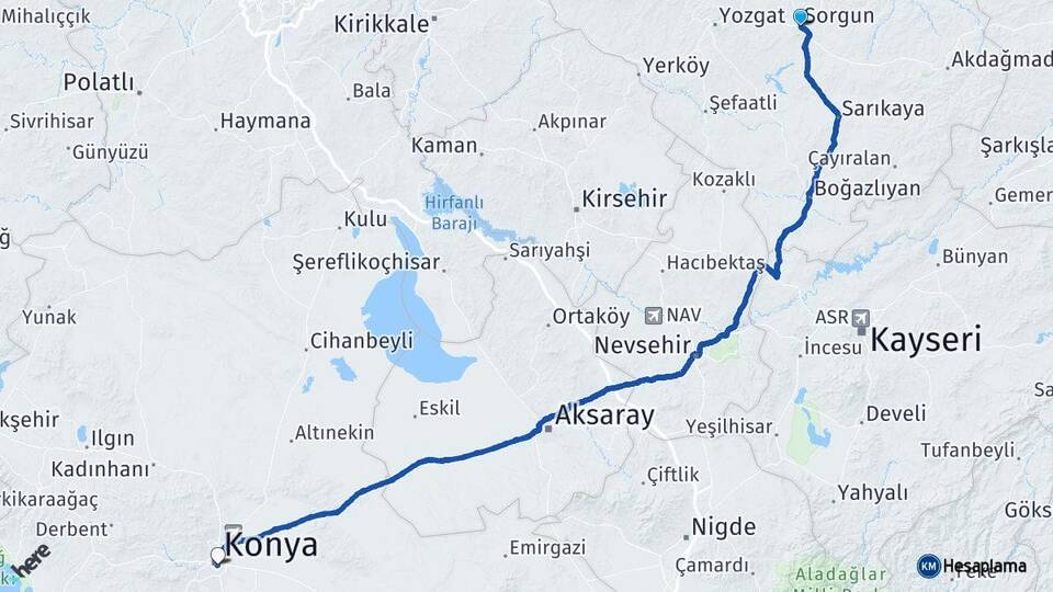 Yozgat Sorgun Konya Arası Kaç Km - Yol Haritası