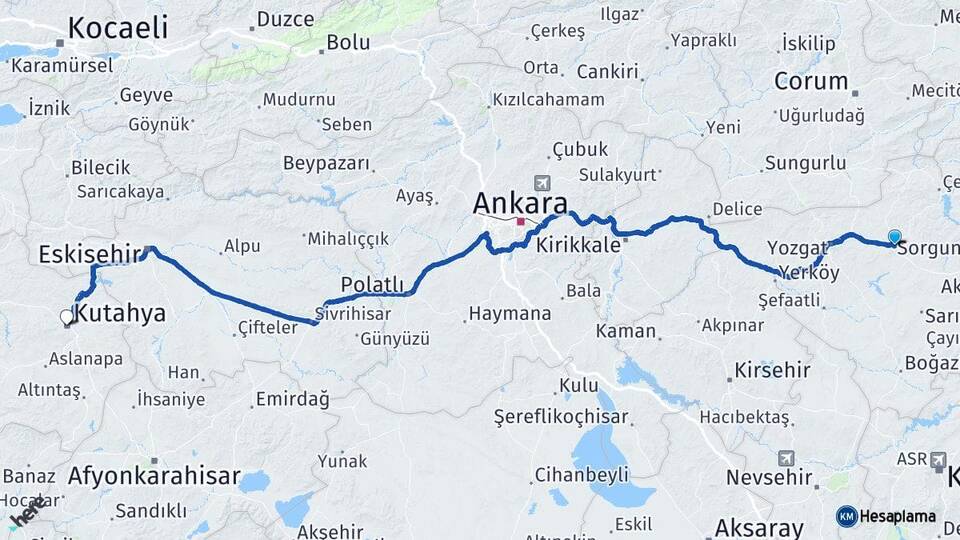 Yozgat Sorgun Kütahya Arası Kaç Km - Yol Haritası