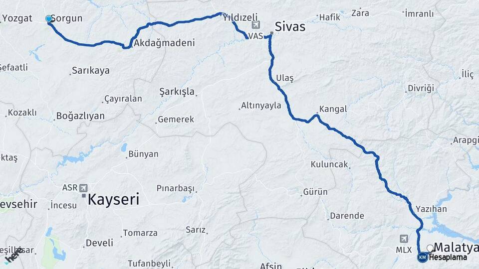Yozgat Sorgun Malatya Arası Kaç Km - Yol Haritası